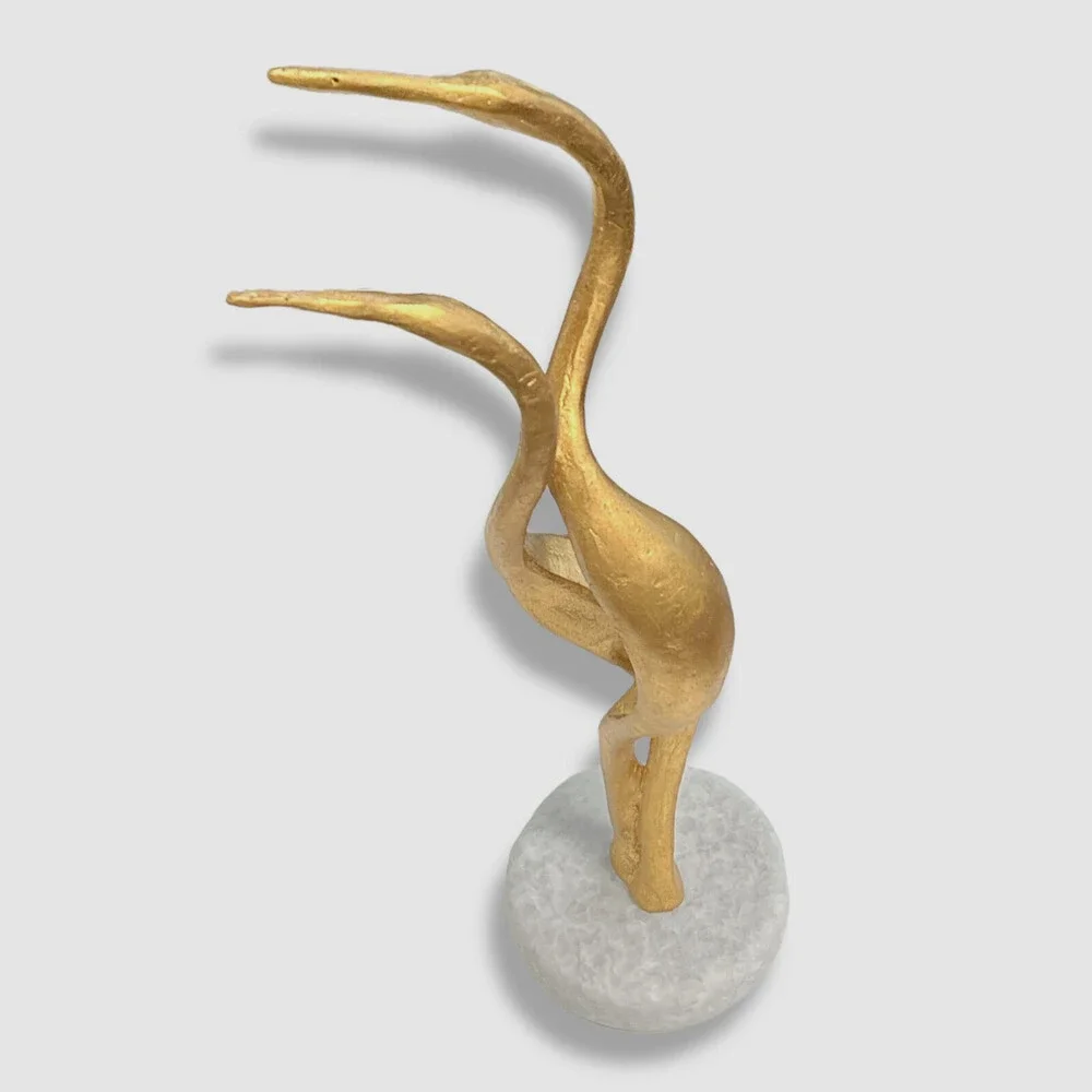 $275 Global Views Gold Leaf 2 Cranes Marble Stand Décor Figurine Sculpture